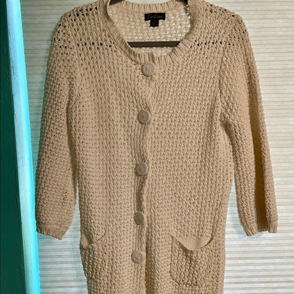 EUC Cartise crocheted oatmeal colored Sweater Jacket size small - Picture 3 of 8
